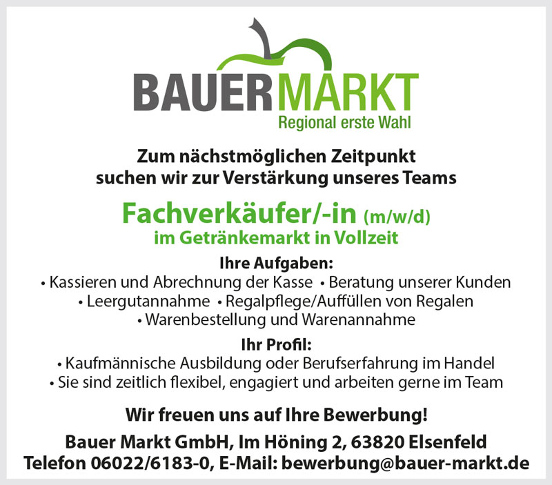 Fachverkäufer (m/w/d) Getränkemarkt Stellenanzeige Bauer-Markt Elsenfeld