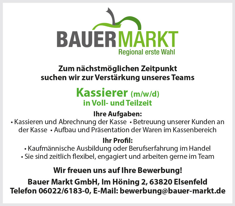 Kassierer/in Stellenanzeige Bauer-Markt Elsenfeld